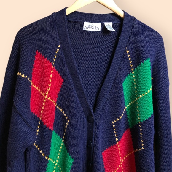 Vintage 80s/90s Just Sasha Navy Blue Retro Argyle Cardigan Sweater Golf Women L - Picture 3 of 10
